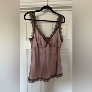 Gold Hawk Silky Lace Trim Camisole in Dusty Rose with Brown trim, NWOT, sz L